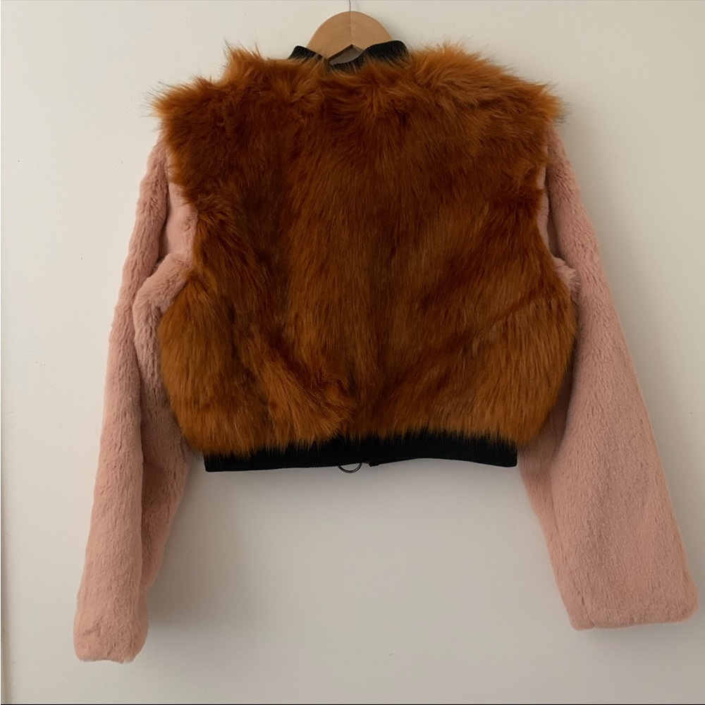 NWT SHACI Faux Fur Cropped Bomber Jacket Color Block Pink & Brown Size S - Picture 6 of 7